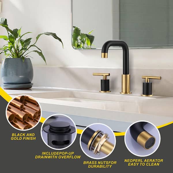8 in. Widespread Double-Handle High-Arc Bathroom Sink Faucet with Drain Kit in Black and Gold