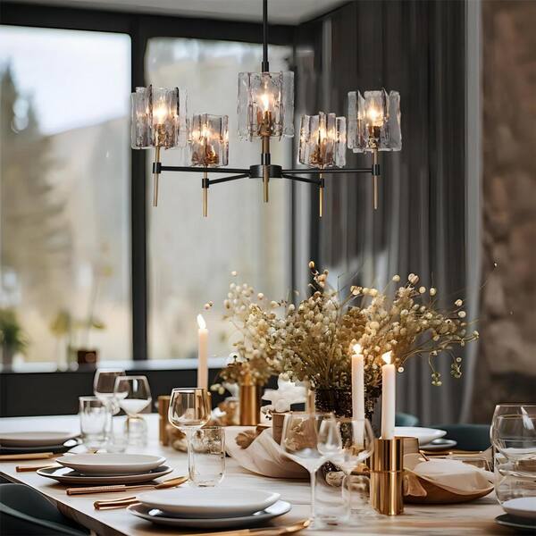 LNC Echonalyri Glam 5 Light Matte Black and Plating Brass Chandelier with Geometric Textured Glass Shades LMMJAFV87C5G8C