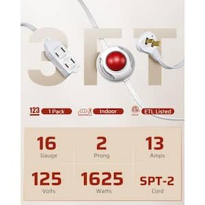 12 ft. 16/2C Indoor Extension Cord with 2-Prong 3 Outlets and ON/Off Foot Switch, Angled Flat Plug, White