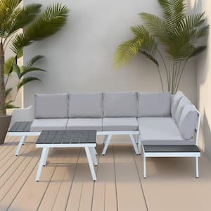 5-Piece Aluminum Outdoor Patio Furniture Sectional Set, with End Tables, Coffee Table, and Gray Cushions