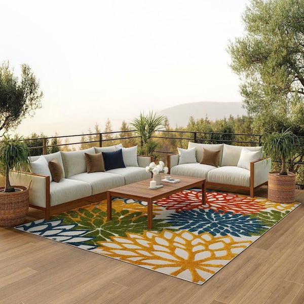 Aloha Turquoise Multicolor 9 ft. x 12 ft. Floral Contemporary Indoor/Outdoor Patio Area Rug