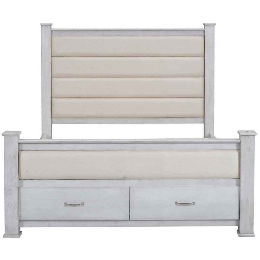 Antique White Queen Pine Wood Platform Bed with Upholstered Headboard and Storage Drawers