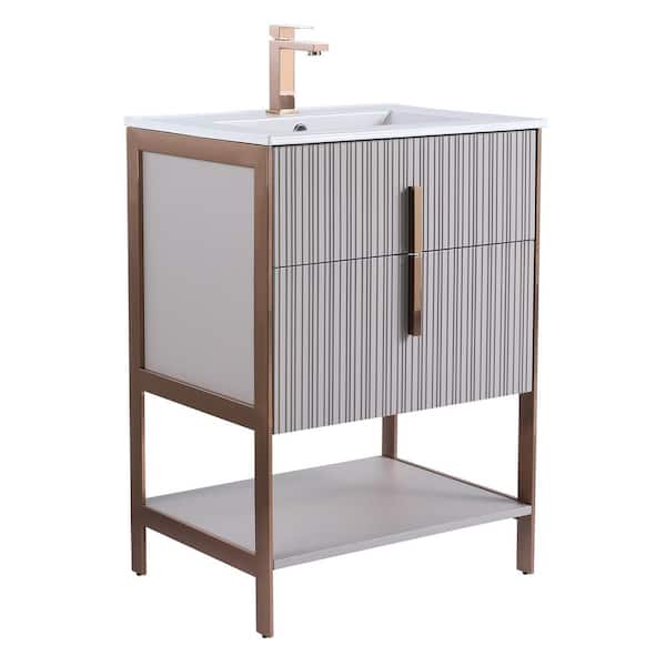 FINE FIXTURES 24 in. W x 18 in. D x 33.5 in. H Bright Taupe Bath Vanity with Ceramic Sink Top in White with Rose Gold Hardware