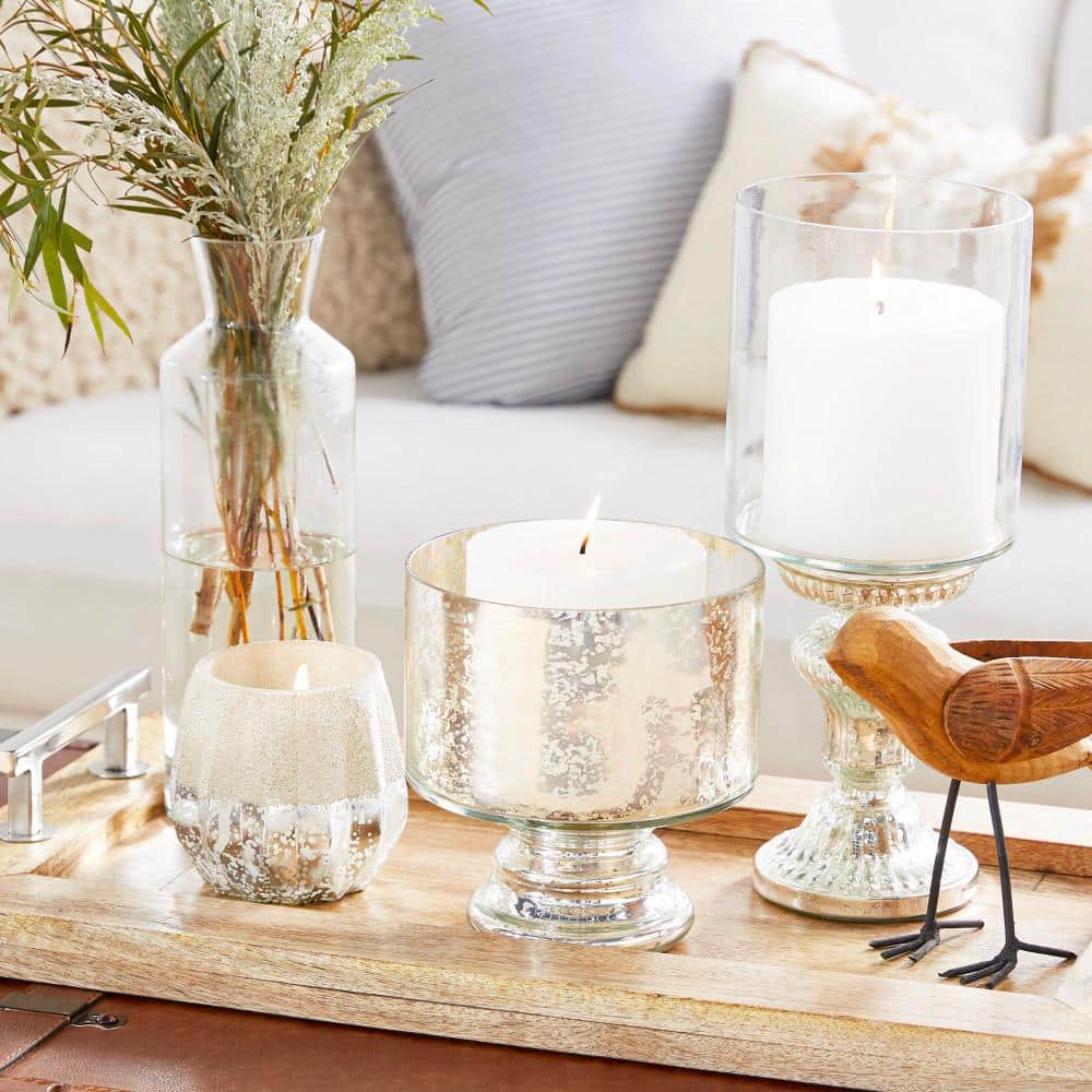 Silver Glass Handmade Pillar Hurricane Lamp with Faux Mercury Finish