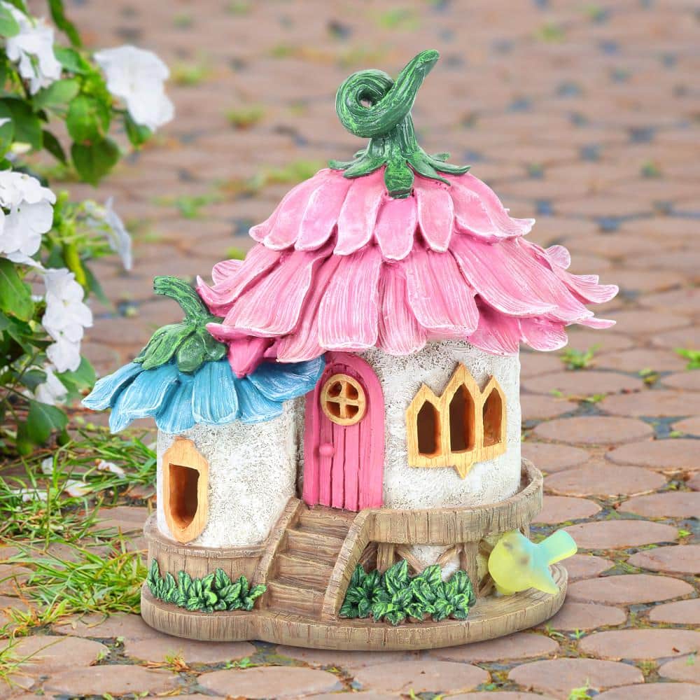 Solar Pink and Blue Daisy Petal Roof Fairy House Garden Statue
