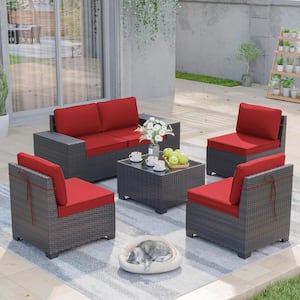 6-Piece Wicker Outdoor Sectional Set with Glass Coffee Table and Red Cushions