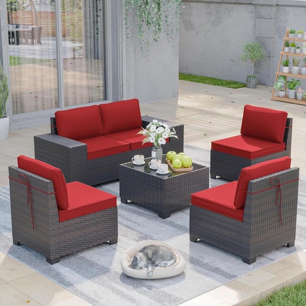 Halmuz 6-Piece Wicker Outdoor Sectional Set with Glass Coffee Table and Red Cushions