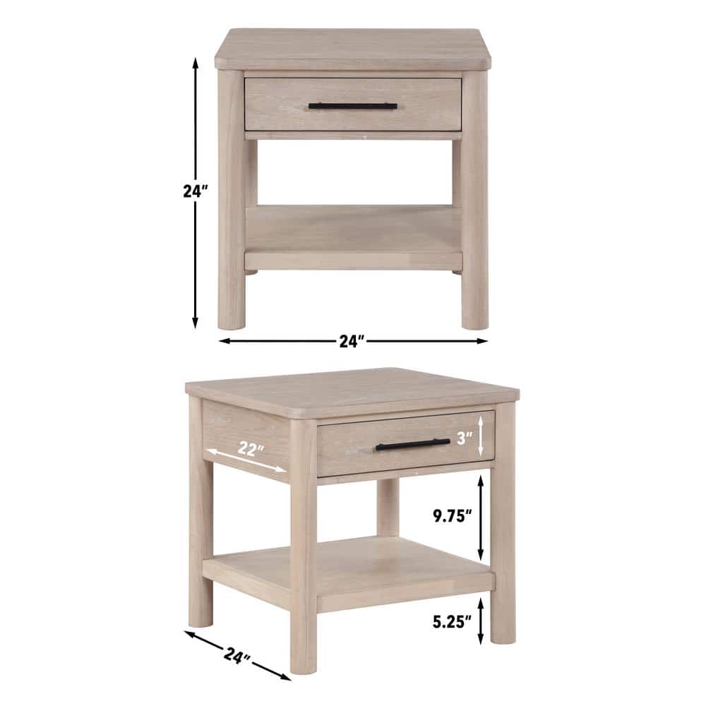 Washed Oak 24" Square End Table with Drawer and Shelf