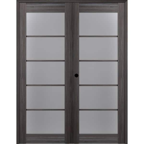 Paola 72 in. x 80 in. Right Hand Active 5-Lite Frosted Glass Gray Oak Finished Wood Composite Double Prehung French Door