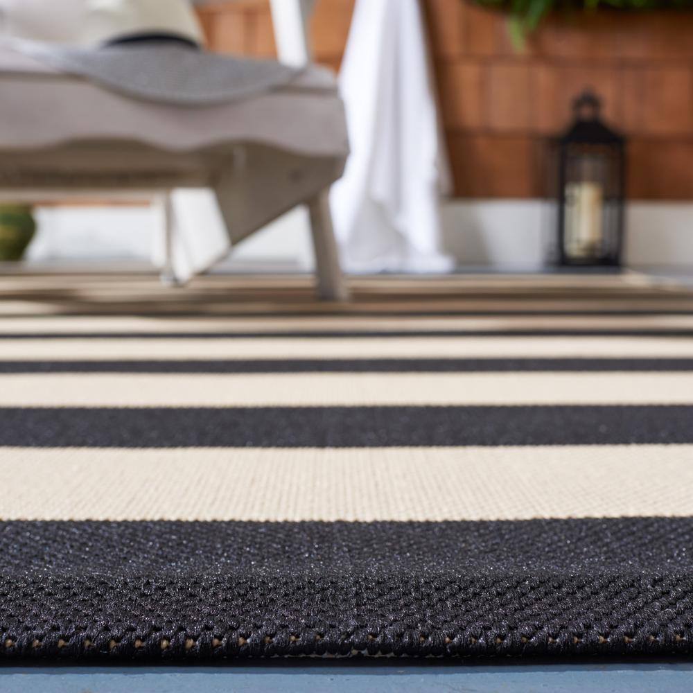 Beige and Black Striped Synthetic Rectangular Area Rug