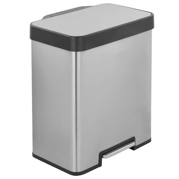 10.6 Gal. Silver Stainless Steel Step-On Indoor Recycling Bin with Dual 5.3 Gal. Plus 5.3 Gal. Compartments for Kitchen