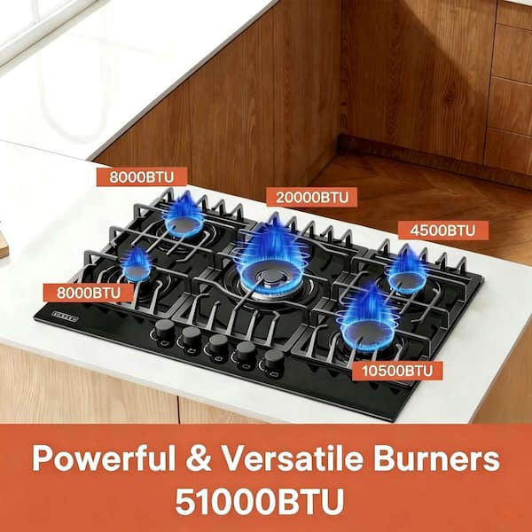 Built-in 30 in. Gas Cooktop Gas Stove in Black 5 Sealed Burners