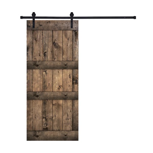 Akicon Paneled 24 in. x 84 in. 9-Panel Jacobean-D2 Double Middle Bar Brace Wood Sliding Door