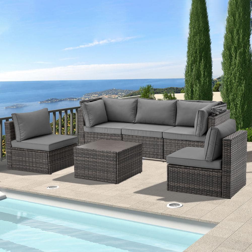 Grey 6-Piece Wicker Outdoor Sectional Set, Patio Conversation Set with Adju