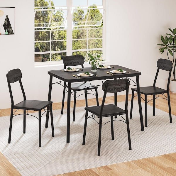 VECELO 5-Piece Dining Table Set, Black Rectangular Kitchen Table and Chairs, Dining Room Set with Metal Frame Dining Set