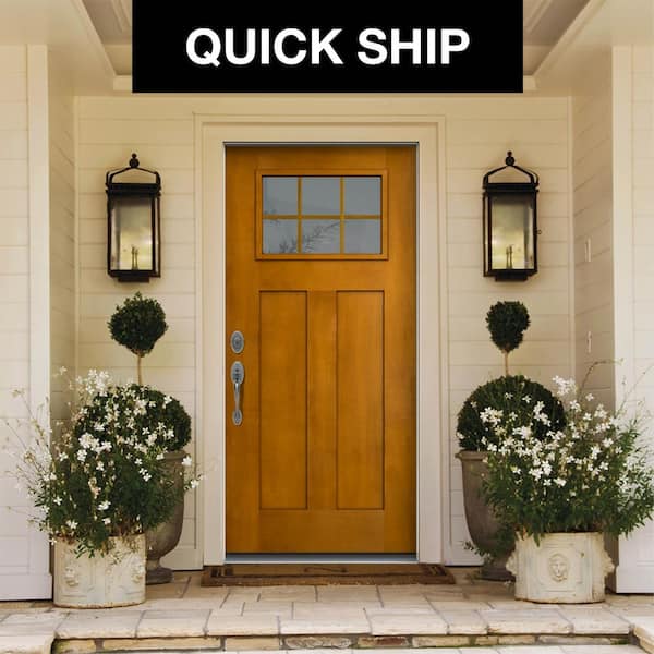 36 in. x 80 in. Right-Hand Craftsman 6 Lite Hazelnut Stain Fiberglass Prehung Front Door with Brickmould