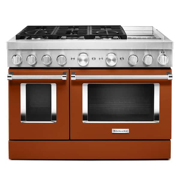 KitchenAid 48 in. 6.3 cu. ft. Smart Double Oven Dual Fuel Range with True Convection in Scorched Orange with Griddle