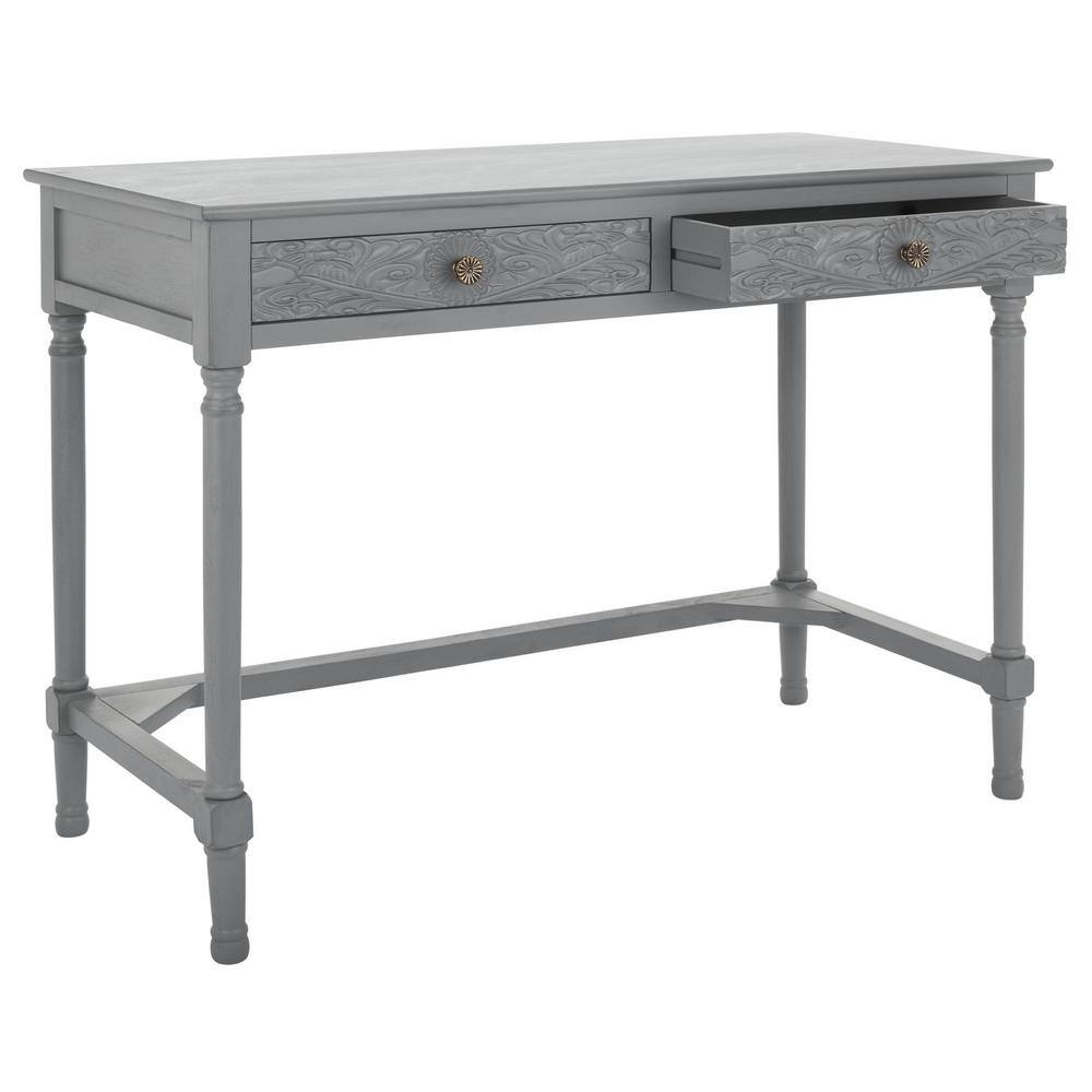 Josie Artisan Carved Floral 46" Wood Desk with Drawers in Distressed Grey