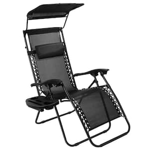 Black Zero Gravity Chair Metal Frame Outdoor Recliner Patio Lounge Chair with Canopy and Cup Holder 1 Chair Included