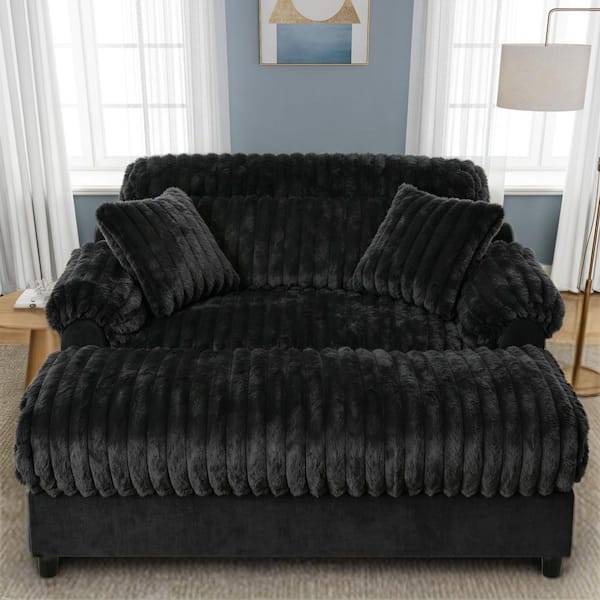 65.25 in. Pillow Top Arms Faux Rabbit Fur Fabric Rectangle Chaise Lounge Sofa in Black with 2-Throw Pillows