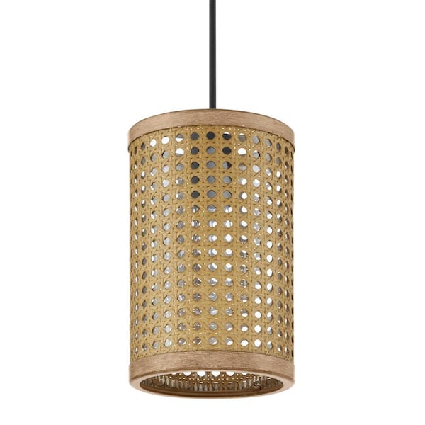 Home Decorators Collection Beau 1-Light Matte Black Mini Pendant with Natural Wood Finish Shade
