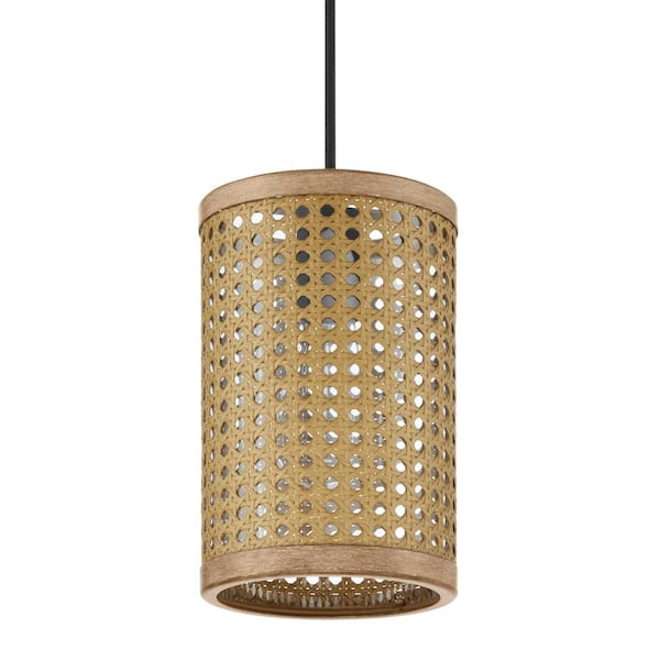 Beau 1-Light Matte Black Mini Pendant with Natural Wood Finish Shade