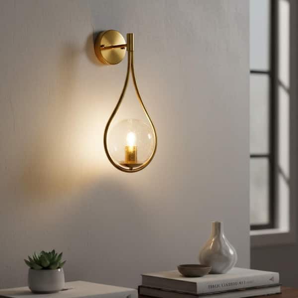 7.87 in. 1-Light Gold Wall Sconce Mid-Century Water Drop Design with Global Seeded Glass Shade for Bedroom Bedsides