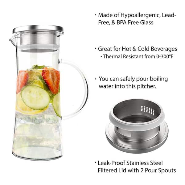 Breeze Glass Drink Water Pitcher with Stainless Steel Lid - 50 oz