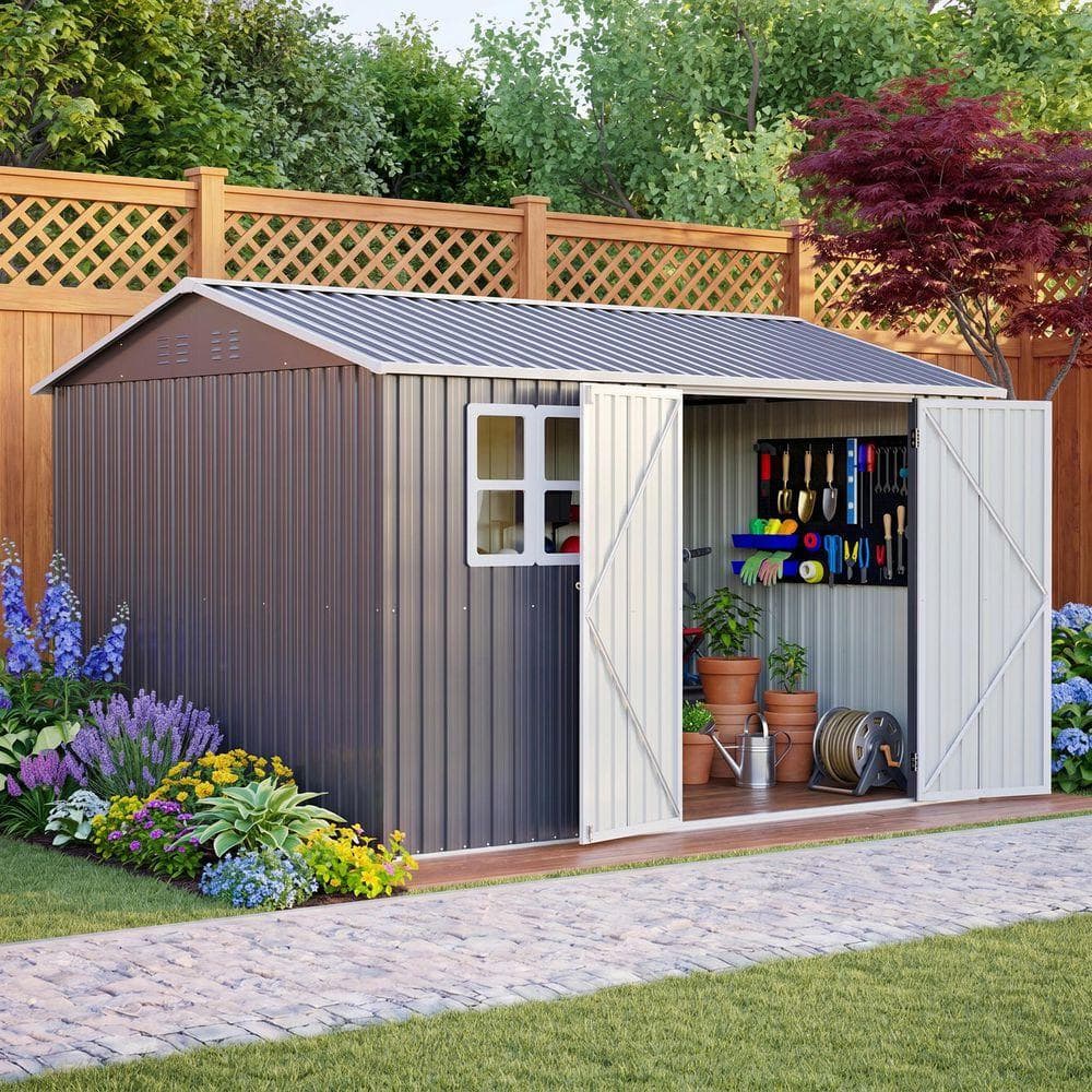 Gray 10 ft. W x 8 ft. D Metal Storage Shed with Window, Lockable