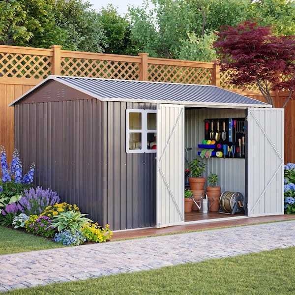Gray 10 ft. W x 8 ft. D Metal Storage Shed with Window, Lockable