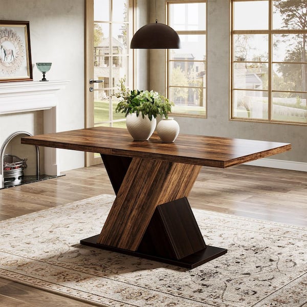 Sealey Farmhouse Brown Wood 55 in. Pedestal Dining Table, Rectangle Kitchen Table Seats-4