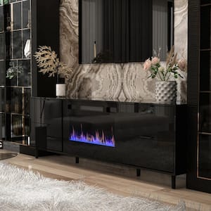 70.8 in. W Freestanding Media Console Electric Fireplace TV Stand in Black with 4-Drawers and Color Changes Fireplace