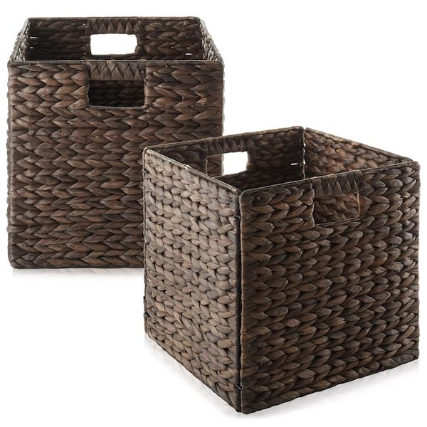 Casafield Brown Espresso 12 in. x 12 in. Wicker Water Hyacinth Decorative Baskets for Storage (Set of 2)