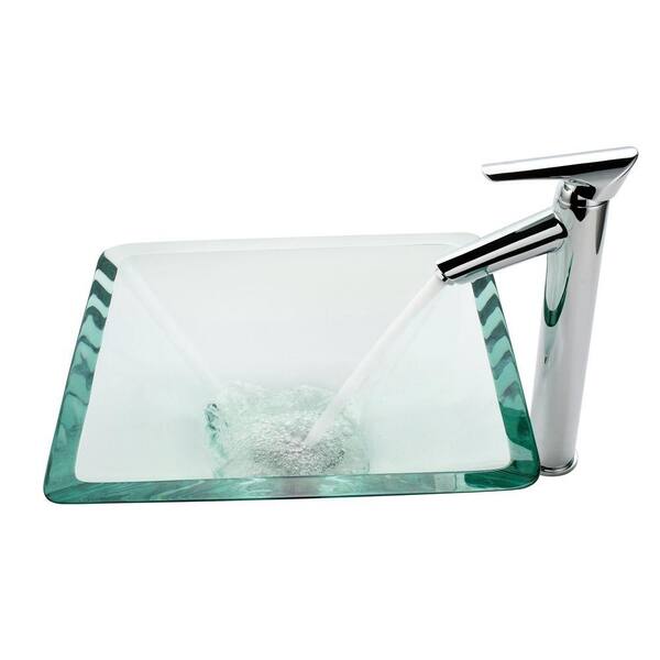 KRAUS Square Glass Vessel Sink in Clear with Decus Faucet in Chrome