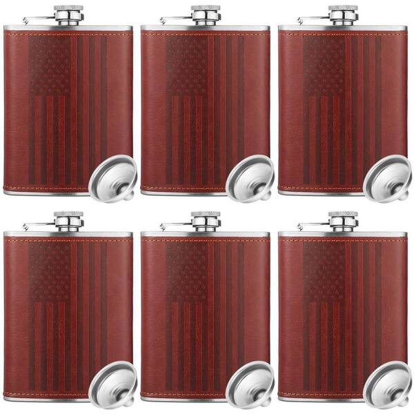 6-Pack 8 oz Leather-Wrapped Stainless Steel Hip Flask with American Flag Design and Mini Funnels Included