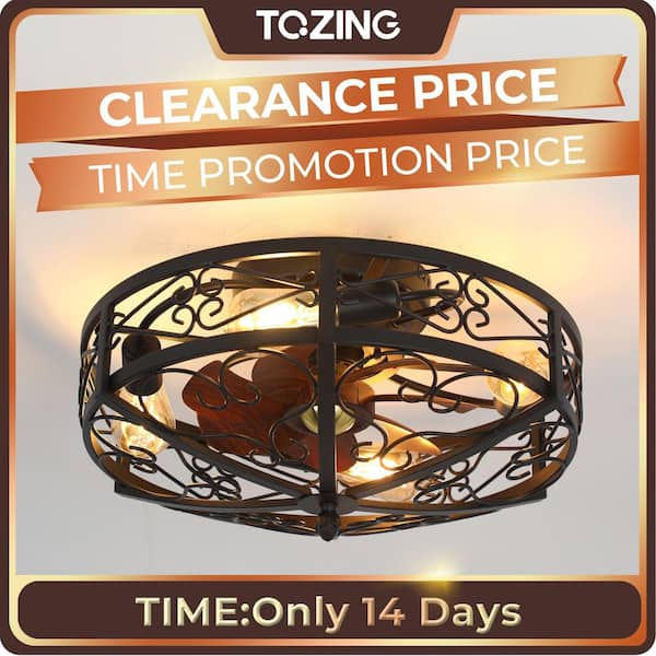 19.6 in. Indoor Black 4-Light Wood Modern Industrial Metal Flush Mount Cage Ceiling Fan with Light Fixture with Remote