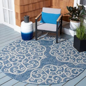 Courtyard Navy/Gray 7 ft. x 7 ft. Distressed Floral Medallion Indoor/Outdoor Patio  Round Area Rug