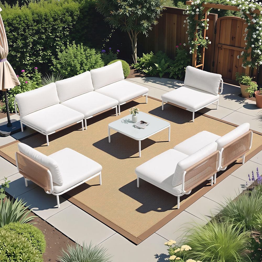 8-Piece Metal Patio Outdoor Conversation Set Sectional Sofa with Table Seating Thick Cushion in Beige for Porch Lawn price history on PriceWatchPro