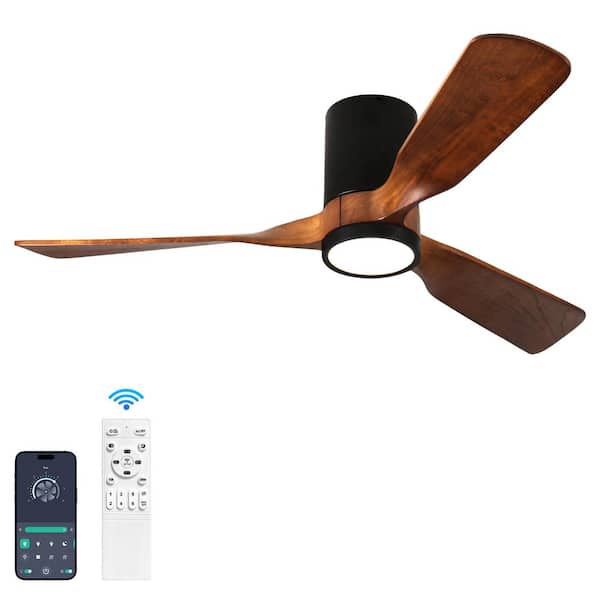 60 in. Indoor Black Hugger Flush mount Ceiling Fan with Solid Wood Blades and Full Spectrum Light and Remote Control