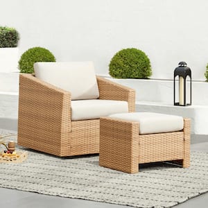 Cyril Brown Fabric 360° Swivel Wicker Accent Chair with Beige Cusions with Ottomans for Living Room or Backyard