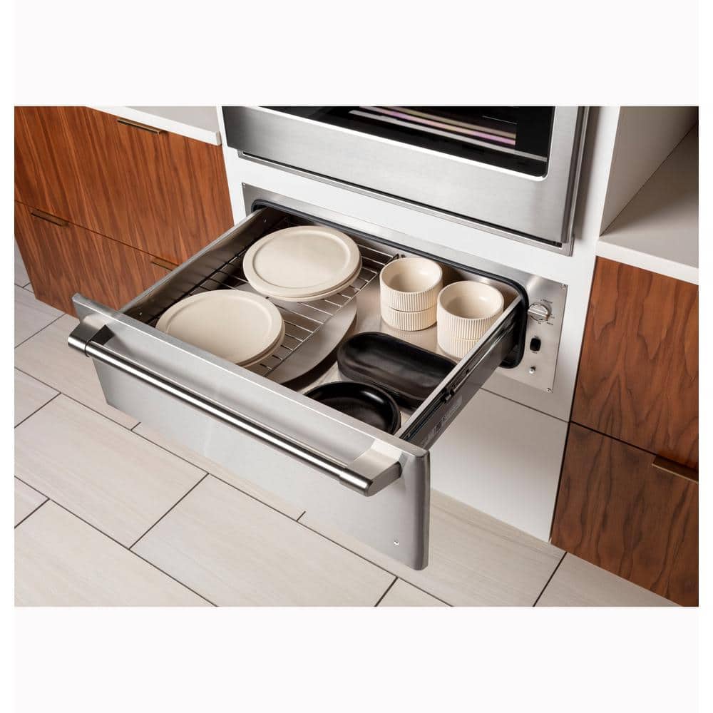 Matte White 30'' Electric Warming Drawer with Brass Handle
