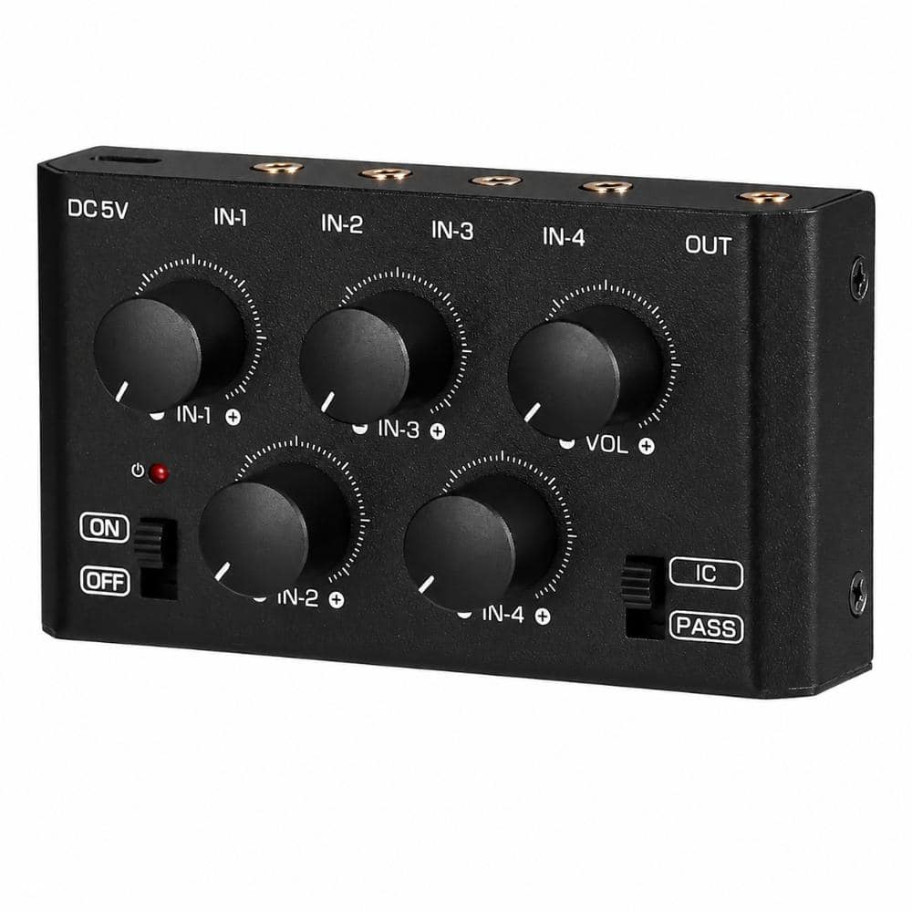 MC5-BX 4 Channel Mini Stereo Line Audio Mixer Active Passive Modes Metal Housing in Black 1 Pack