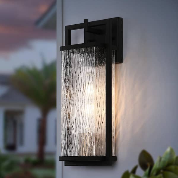 LNC Modern Black Outdoor Wall Lantern Sconce with Textured Seeded Glass Shade Gold 1-Light Porch Patio Decorative Lighting
