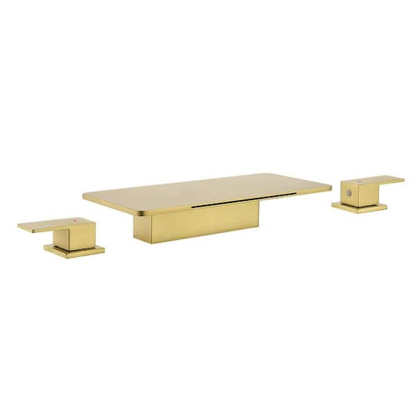 2-Handle Waterfall Deck-Mount Roman Tub Faucet Modern Brass 3 Hole Bathtub Faucets in. Brushed Gold