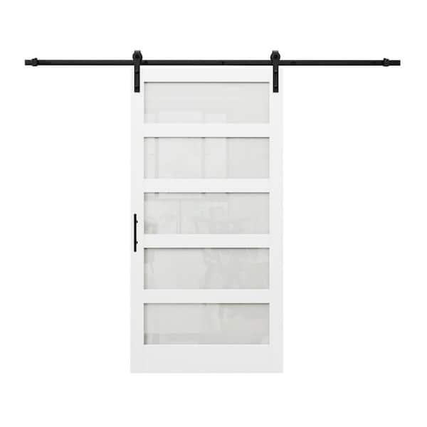 42 in. x 84 in. 5 Lite Tempered Frosted Glass White Primed Glass Sliding Barn Door with Hardware Kit