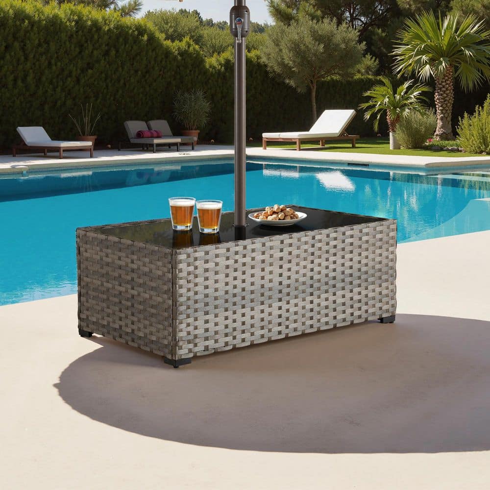weaxty W Buria PE Wicker Outdoor Coffee Table with Umbrella Hole ...