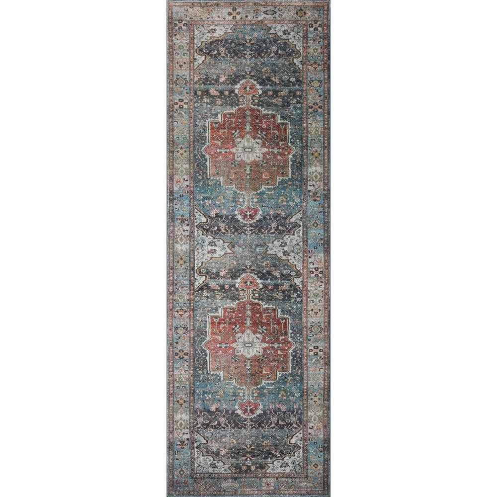 Blue and Brick Medallion Stain-Resistant Synthetic Area Rug