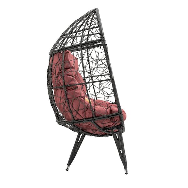 Siavonce Red Wicker Outdoor Patio Egg Chair Indoor Basket Wicker Chair with Grey Cushion for Backyard Poolside