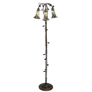 Pond Lily 58 in. Mahogany Bronze Victorian 3-Light Dimmable Arc Floor Lamp with Stained Glass Cone Shade