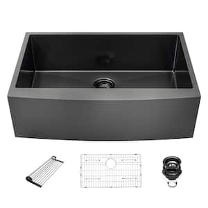 NAT 30 in. Drop-In Single Bowl Gunmetal Black Farmhouse Sink Stainless Steel Round Corner Kitchen Sink with Accessories